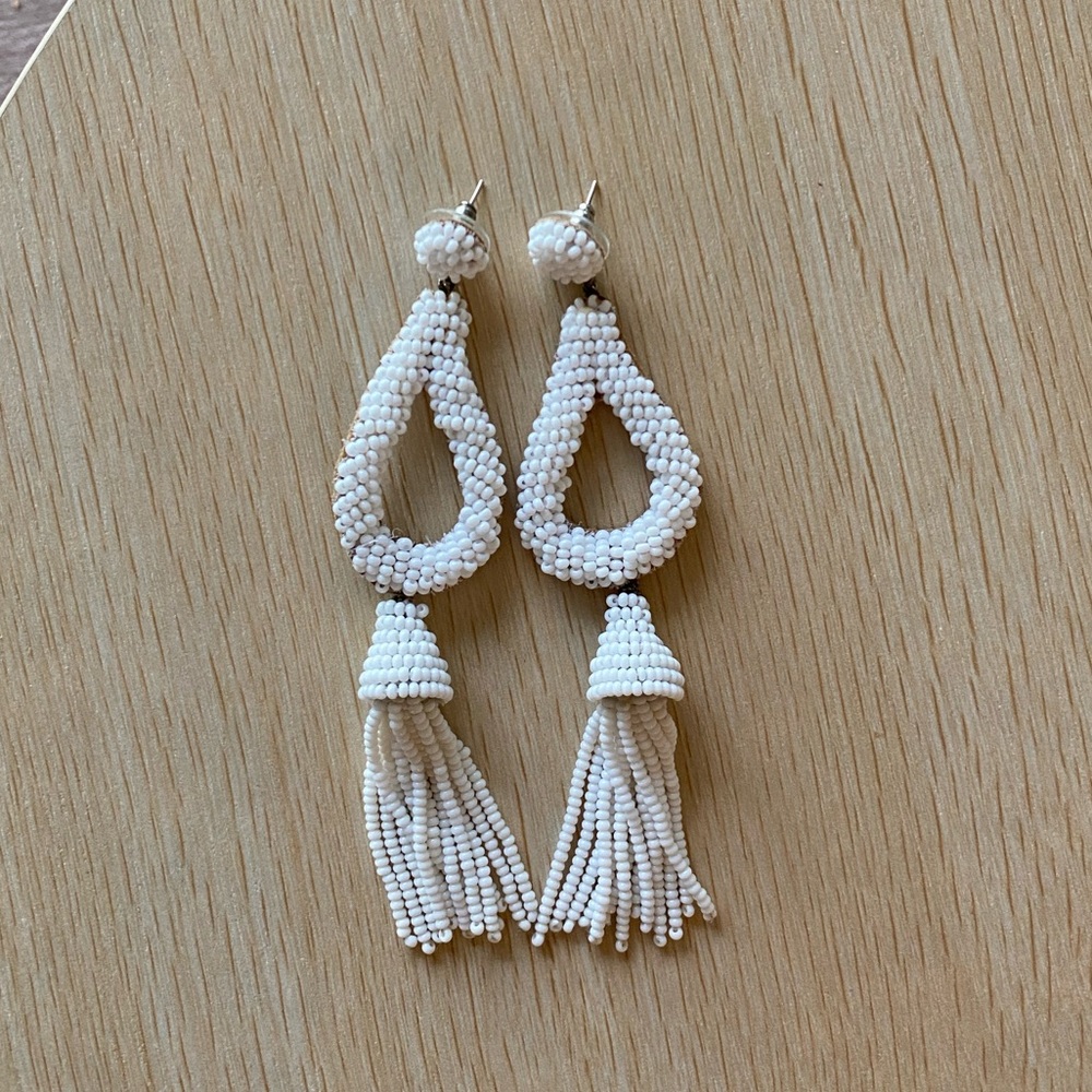 Anthropologie White Tassel Beaded Fabric Statement Drop Earrings